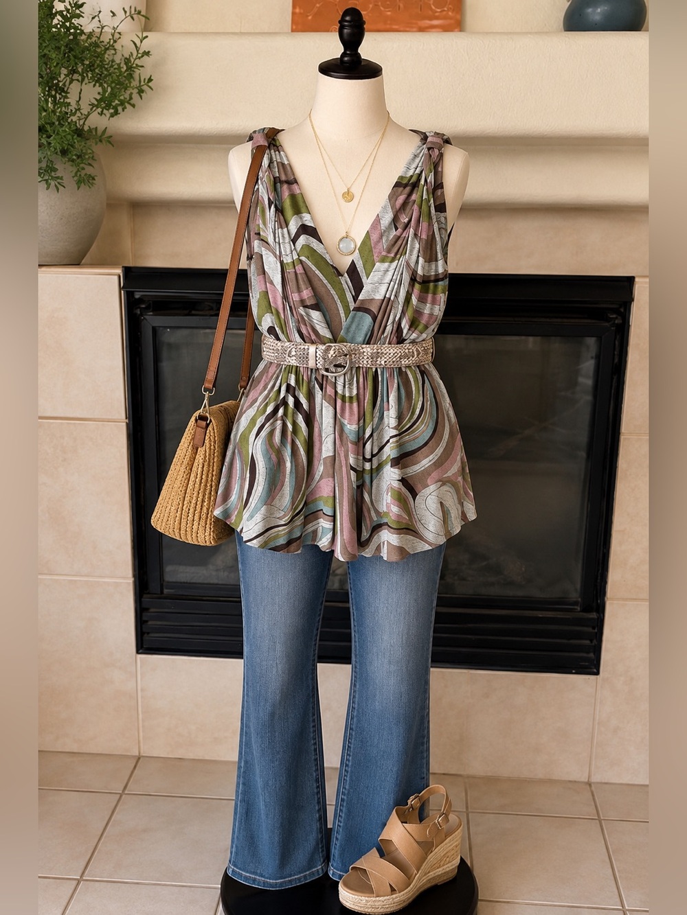 Sky Top Large Y2K Psychedelic Swirl Deep V-Neck Empire Waist Metallic Belt 2000s
